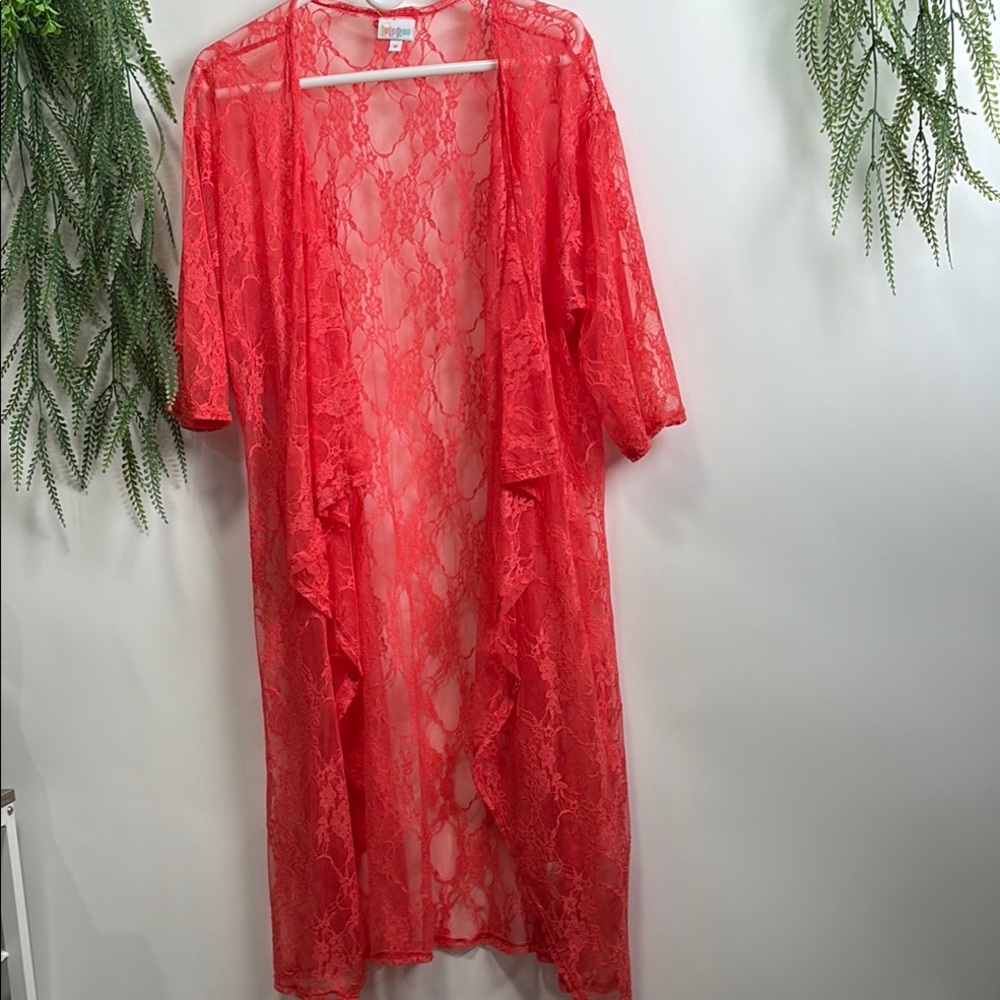 LuLaRoe Orange Lace Kimono Robe with Floral Motif